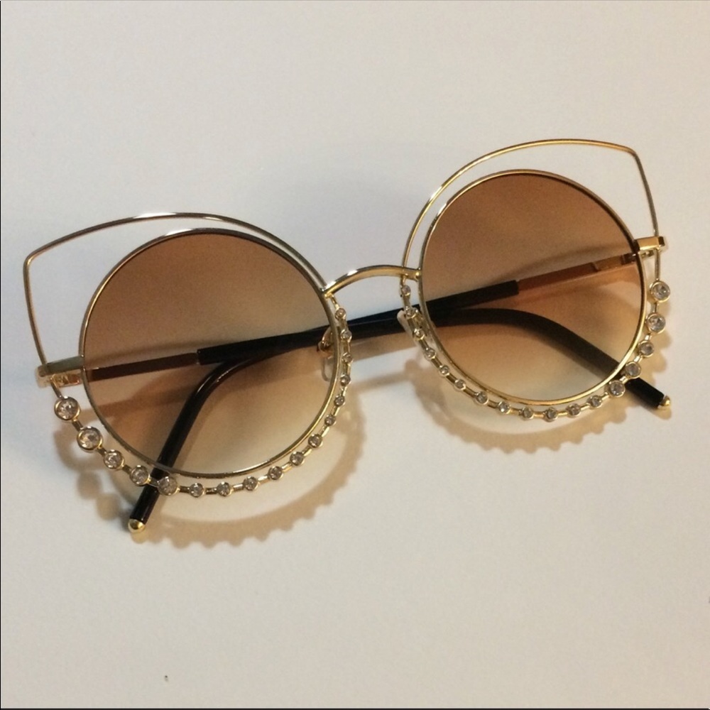 GOLD Rhinestone Geometric point Round Sunglasses - Picture 6 of 8